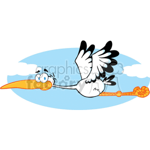 A happy cartoon stork flying against a blue sky with clouds.