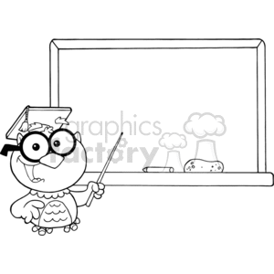 A funny owl character wearing a graduation cap and glasses, pointing to a blackboard with a pointer. The blackboard has a piece of chalk and an eraser on the tray.