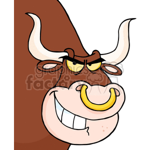 The image shows a cartoon clipart of a brown bull with an amused expression. The bull has a pair of large white horns, a big smiling mouth, and is seemingly squinting or displaying a look of mischief or fun with its yellow eyes. The character could be associated with a humorous take on farm animals.