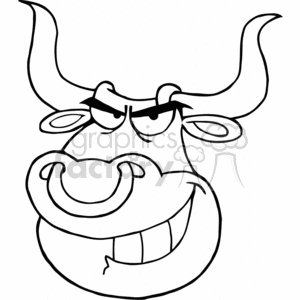   This is a black and white clipart image of a humorous cartoon bull. The bull has a prominent, exaggerated snout and a large, comedic grin with a broken tooth. Its eyes are half-lidded, giving it a sly or mischievous expression. The bull