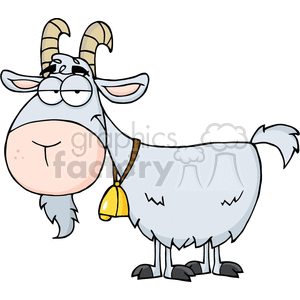 The image shows a cartoon of a goat with a bell around its neck. It is white in color with black feet. 