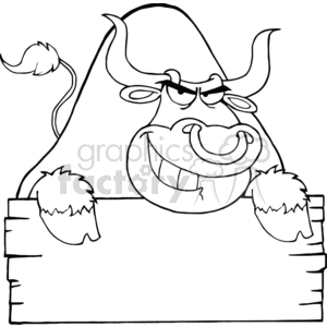 This clipart image features a humorous cartoon character of a bull. The bull has a large smiling face, prominent horns, and appears to be quite content. Its hooves are resting on a wooden farm sign, which has no text, allowing for customization.