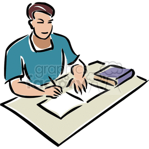 Clipart image of a person writing while sitting at a desk with an open notebook and a closed book beside them.