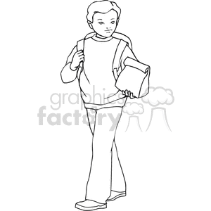 Black and white outline of a boy carrying his lunch and backpack