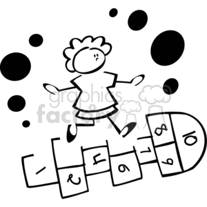 Black and white outline of a little girl playing hop scotch 