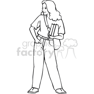 Black and white outline of a student with books