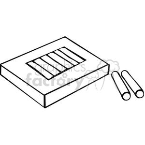 Clipart image depicting a box of chalk and two individual chalk sticks, outlined in a simple style.