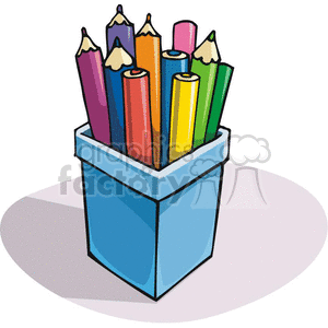 A clipart image of various colored pencils, both sharpened and unsharpened, placed in a blue container.