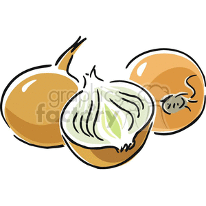 A clipart illustration of two whole onions and one onion cut in half, showing the inner layers.