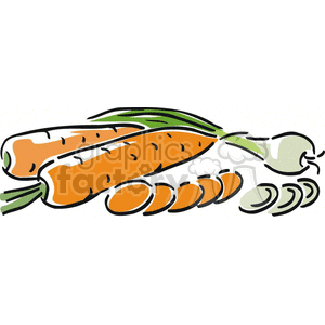 A clipart image of two whole carrots with green tops and several sliced carrot pieces, alongside a whole spring onion with a few slices as well