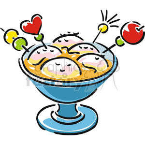 A colorful clipart of a bowl of ice cream with smiling faces, adorned with skewers featuring fruit and a heart symbol.