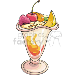 A vibrant ice cream sundae in a glass, topped with a cherry, assorted fruits, nuts, and whipped cream.