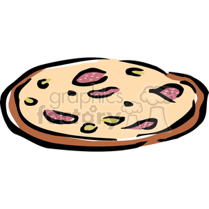 A clipart image of a whole pizza with a crust, topped with pepperoni slices and olives.