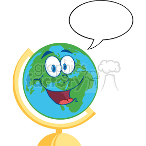   The clipart image depicts a cartoon representation of Earth with anthropomorphic features. The Earth has big, wide eyes, raised eyebrows, and a large, smiling mouth, giving it a very happy and enthusiastic expression. The Earth character is placed on a simple stand that resembles a globe stand, and there