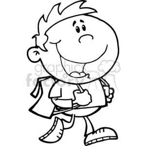 This clipart image features a cartoonish depiction of a young boy who appears to be a school student. He is standing with a somewhat perplexed or curious expression on his face. The boy has spikey hair, a large grin, and is holding what looks like a book in one hand, with an apple illustration on the cover. He is wearing a short-sleeved shirt, shorts with a visible pocket, and sneakers. The image is stylized with bold outlines and lacks color—typically used for coloring activities or as a simple, clean graphic in educational materials.