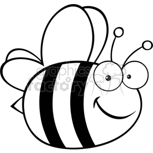 This is a black and white clipart image of a smiling bee with large eyes and two antennae. The bee has striped body and semi-oval wings.