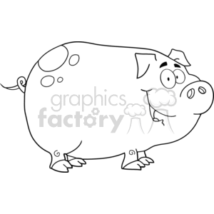 The image shows a cartoon-style drawing of a pig. The pig is depicted in a humorous manner, with exaggerated features such as a large, round body, a cheerful face, pointy ears, and a curly tail. The illustration is in black and white line art, typically used for coloring activities or as a simplistic representation.