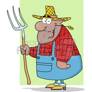 A humorous cartoon character of a farmer wearing a straw hat, red plaid shirt, blue overalls, and holding a pitchfork.