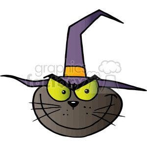 Cartoon black cat with a witch hat on