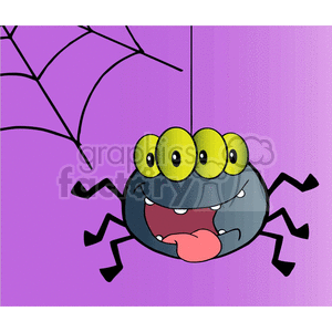  The clipart image depicts a funny and comical cartoon spider, with a big smile on its face and six legs. There is a web behind it to the left. It