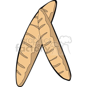 The clipart image depicts two French bread loaves, also known as baguettes. They are shown in a typical elongated and slender shape with a light brown crust and scored lines across the top, characteristic of traditional French baguettes.