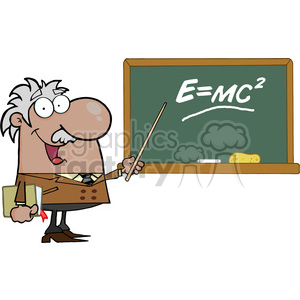 12833 RF Clipart Illustration African American Professor Pointing To Green Chalk Board With Einstein Formula E=mc2