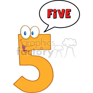 A cheerful orange number 5 character with smiling eyes and a speech bubble saying 'FIVE' in red letters.