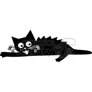 This image depicts a black cat clipart or silhouette. The cat is illustrated in a playful or quirky pose with exaggerated features, such as large eyes, prominent whiskers, pointed ears, and a fur-lined back.