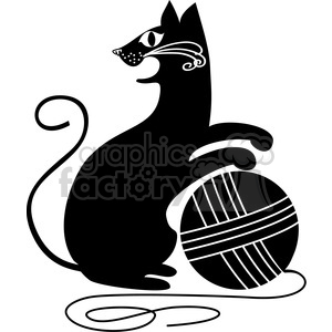 The image is a black and white clipart featuring a black cat sitting next to a ball of yarn. The cat is depicted in profile with its tail curled upwards, while the yarn ball shows lines indicating its winding strings, and there are some loose yarn lines on the ground.