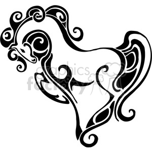 The image contains a stylized outline of a horse designed in a tribal tattoo style. The horse appears to be in a dynamic pose, possibly running or rearing up, and the image features artistic swirls and curls that contribute to a decorative, tattoo-like appearance. This type of design is often used for vinyl decals or as inspiration for tattoos due to its clear, high-contrast lines that make it suitable for such applications.