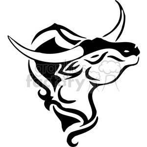 This is a black and white, stylized image of an ox or bull's head with prominent horns. It is designed in a way that makes it suitable for use as a vinyl decal or a tattoo, given its bold and clean outlines, with a high contrast between the black shapes and the white space that suggests the detailed textures and contours of the animal's face and horns.