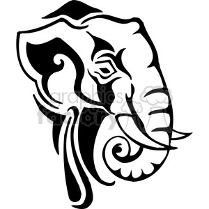 The image is a stylized, black and white outline of an elephant's head. The design is simplified and artistic, featuring bold lines and abstract shapes that represent the elephant's features such as its ear, eye, tusk, and trunk. The style of the artwork makes it suitable for various applications such as vinyl decals, tattoos, or graphic design.