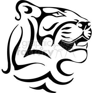 This is a black and white clipart image of a stylized, roaring big cat. It has the characteristics of a wild feline such as a lion, puma, or cougar. The image appears to be designed in a tribal or tattoo style, with bold strokes and swirls that emphasize the ferocity and elegance of the animal. It looks to be suitable for vinyl cutouts or as a tattoo design because of its clear outline and high contrast.