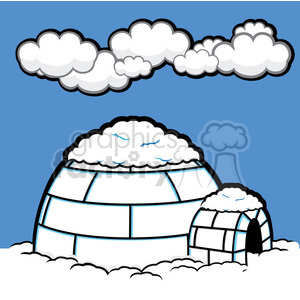 Clipart image depicting an igloo with snow on top and clouds in the sky.