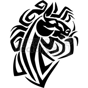 Stylized black and white tribal tattoo design of a horse head.