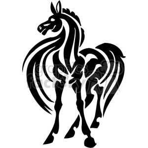A black and white artistic clipart of a horse in a stylized, curvilinear design.