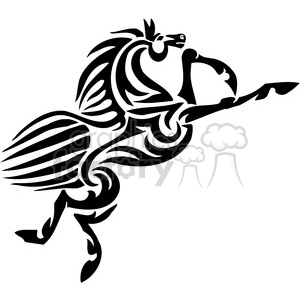 A black tribal-style tattoo design of a horse, depicted in a dynamic pose with stylized lines and patterns.