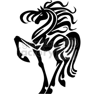 A stylized black and white silhouette of a rearing horse with flowing mane and abstract design elements.