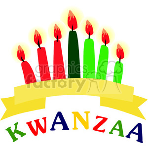The clipart image shows a Kinara with seven candles which represent the seven principles of Kwanzaa. There are three red candles on the left, one black candle in the center, and three green candles on the right, all of which are lit. Below the Kinara, there is a yellow banner with a shadow, and the word KWANZAA is written in colorful letters beneath the banner.