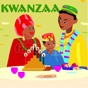 The clipart image depicts a Kwanzaa celebration scene with three animated characters representing a family. The image includes a woman wearing a red dress with a striped headscarf, a man in a bright yellow shirt with colorful stripes, and a child wearing a blue shirt and a patterned hat. On the table in front of them is a Kinara (candle holder) holding seven candles, which symbolize the seven principles of Kwanzaa. There are also two cups, some fruits, and what appears to be bread on the table. The background features the word KWANZAA in large green letters, and the ambiance suggests a festive and cultural setting.