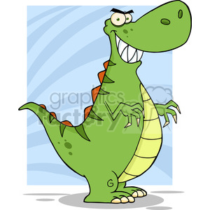 This clipart image features a comical dinosaur character. The dinosaur is green with a cartoonish style, featuring large eyes, a wide smile revealing teeth, and a belly in a lighter shade. It has orange spikes running down its back, dark green spots on its body, and it's depicted standing upright in a slightly animated pose, which adds to the humorous effect.