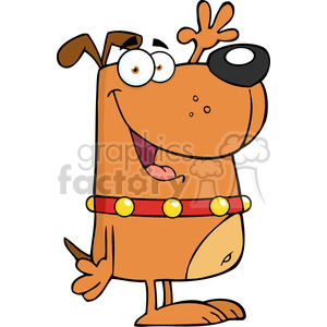 The clipart image depicts a cartoon dog that has a comical and humorous appearance. The dog is standing upright on two legs and has exaggerated facial features, including large eyes with one being bigger than the other, a big smile showing its tongue, and a cockeyed ear. It's wearing a red collar with yellow spots which could be interpreted as a decorative or flashy dog collar.