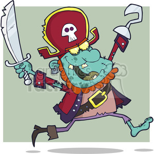 A comical pirate character with a hook hand and sword, wearing a red hat with a skull symbol, brightly colored outfit, and a jovial expression.