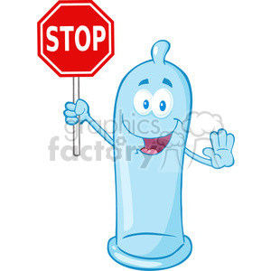 A cartoon character of a condom holding a stop sign and smiling.