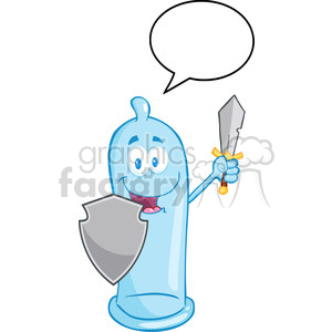 A humorous cartoon character of a condom wearing armor, holding a sword and shield, with a speech bubble.