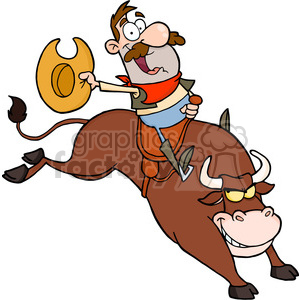 The clipart image depicts a comical scene featuring a cowboy riding a bronco or bull. The cowboy has a funny and exaggerated expression with bulging eyes and a large mustache, holding onto his hat with one hand. The bull appears fierce but also has a humorous look, with a big grin and sunglasses. The scene represents a stylized, humorous take on a rodeo event, which is a common competitive sport in Western culture, typically involving cowboys displaying their skills at riding broncos or bulls.
