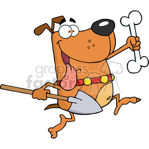 This clipart image features a cartoon dog that appears to be very pleased or proud. It is holding a bone in one paw and a shovel in the other. The dog looks like it might be preparing to dig a hole, possibly to bury the bone. The dog is standing on its hind legs, wearing a red collar with yellow dots, and has a big smile showing its tongue.