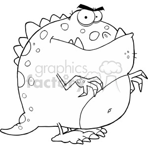 The image is a black and white line drawing of a comical dinosaur. It features a round-bodied, spotted dinosaur with large eyes, bumpy back plates, and thick limbs. The dinosaur has an exaggerated, cartoonish expression with a prominent underbite, where one tooth can be seen. It also appears to be off-balance, with one arm stretched out, which contributes to the humor of the image.