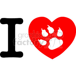   This clipart image shows a simple and bold design featuring the capital letter I, followed by a large red heart symbol, inside of which are white paw prints. These elements combine to convey the message I love my cat, as the paw prints suggest a feline theme. 
