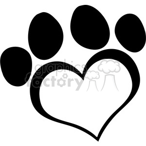 The image depicts a heart shape integrated with a stylized paw print, all in a simple black and white silhouette.